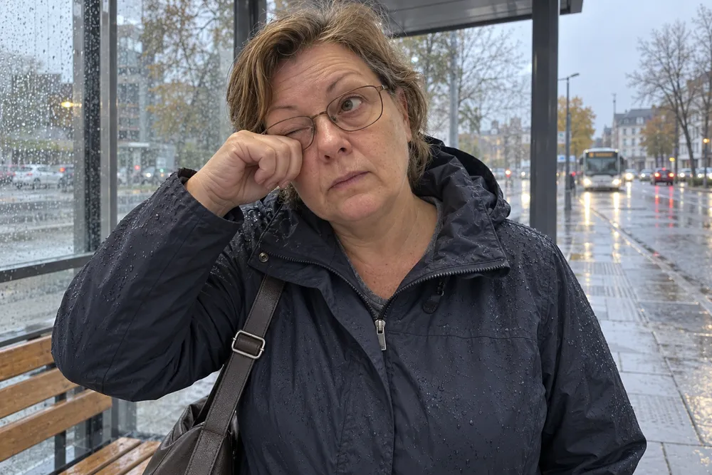 Frau mit Brille reibt sich morgens an der Bushaltestelle im Nieselregen ein Auge
