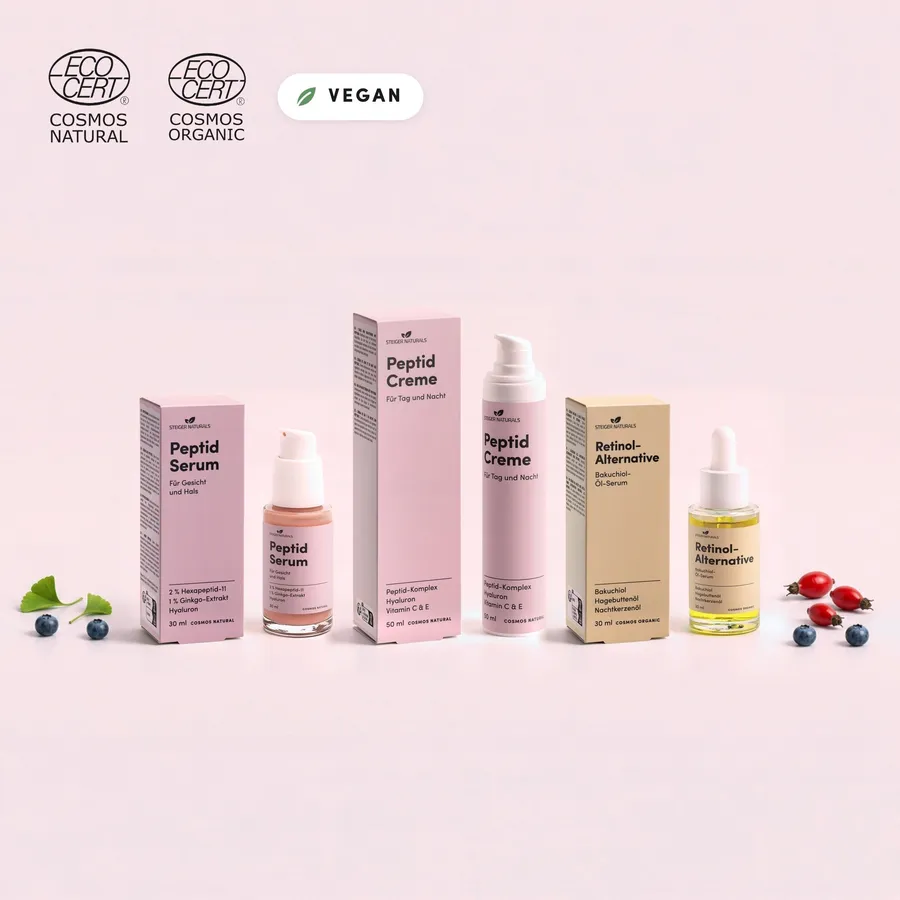 Longevity-Trio von Steiger Naturals: Peptid Serum 30 ml, Peptid Creme 50 ml und Retinol-Alternative Öl-Serum 30 ml